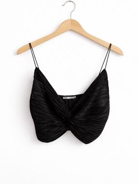 Zara Black Pleated Satin Cami Small Twisted Front Strappy Chic Top Festival